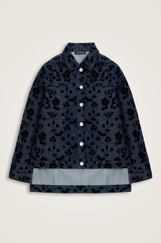 Çiçek Floklu Koyu Mavi Denim Ceket