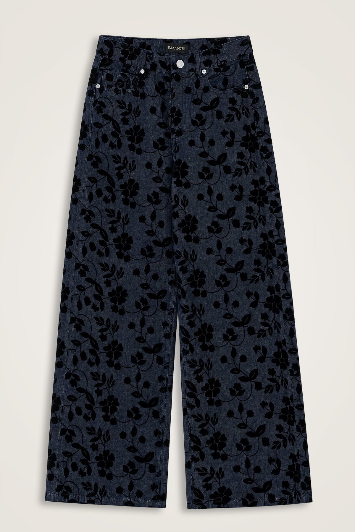 Çiçek Floklu Koyu Mavi Denim Pantolon