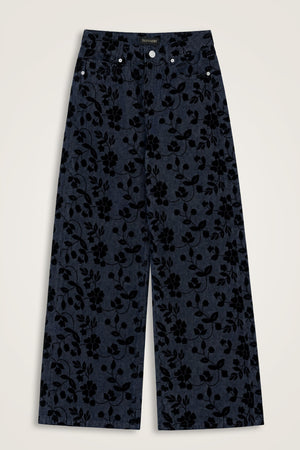 Çiçek Floklu Koyu Mavi Denim Pantolon