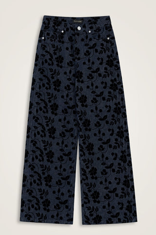 Çiçek Floklu Koyu Mavi Denim Pantolon