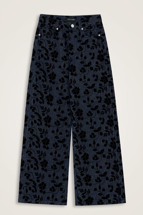 Çiçek Floklu Koyu Mavi Denim Pantolon