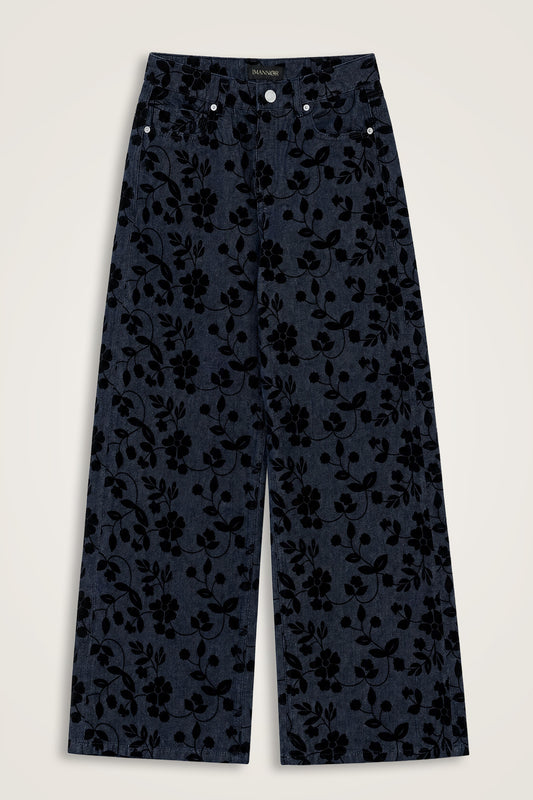 Çiçek Floklu Koyu Mavi Denim Pantolon