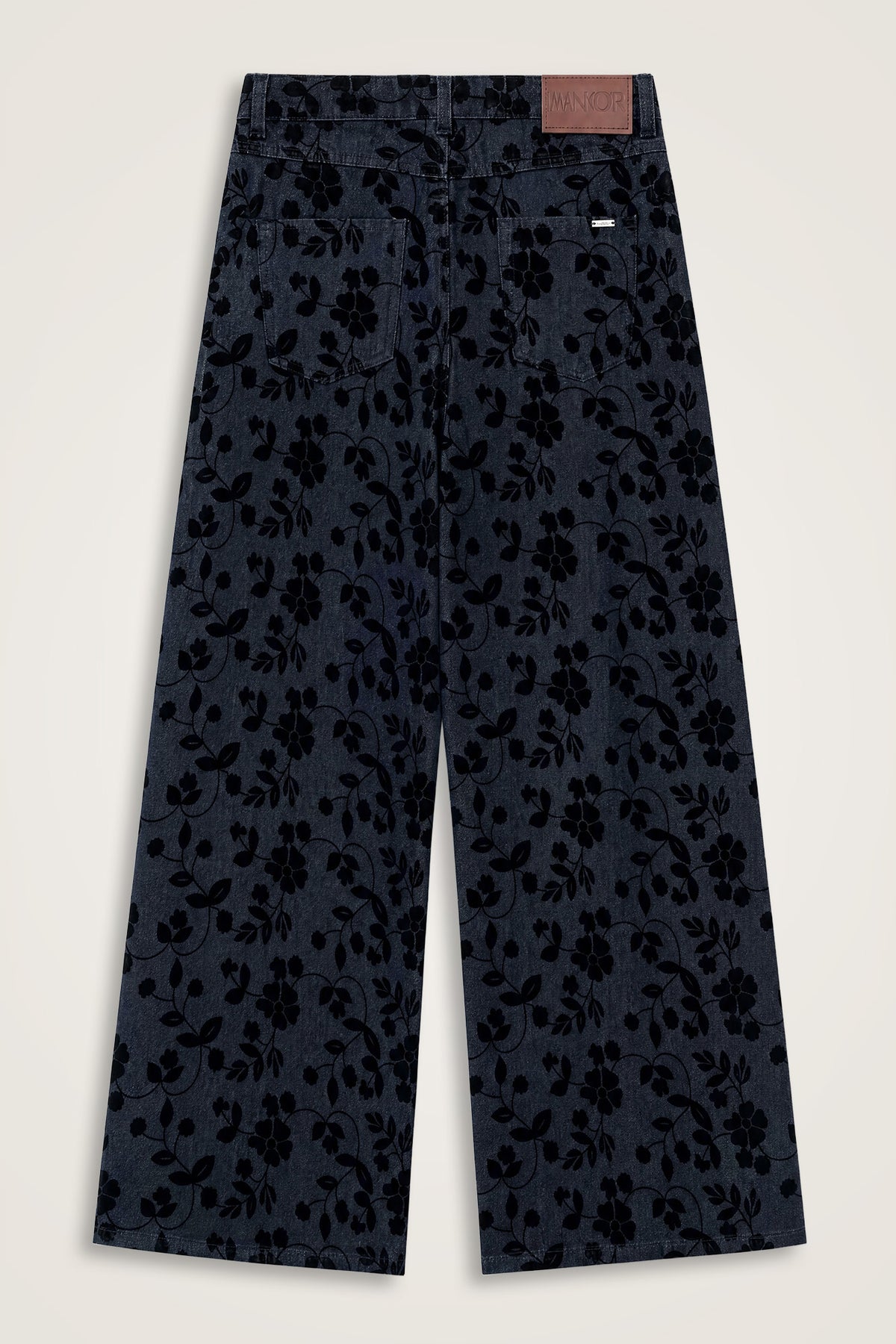 Çiçek Floklu Koyu Mavi Denim Pantolon