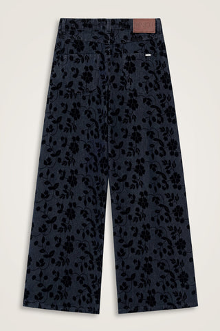 Çiçek Floklu Koyu Mavi Denim Pantolon