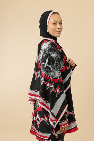 Japon Bahçesi Siyah-Kırmızı Krep İpek Şal 70x210