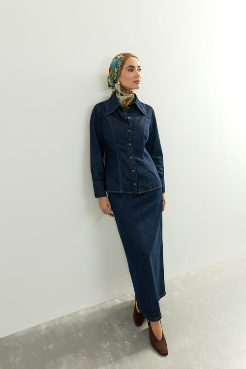 Cep Detaylı Koyu Lacivert Denim Etek