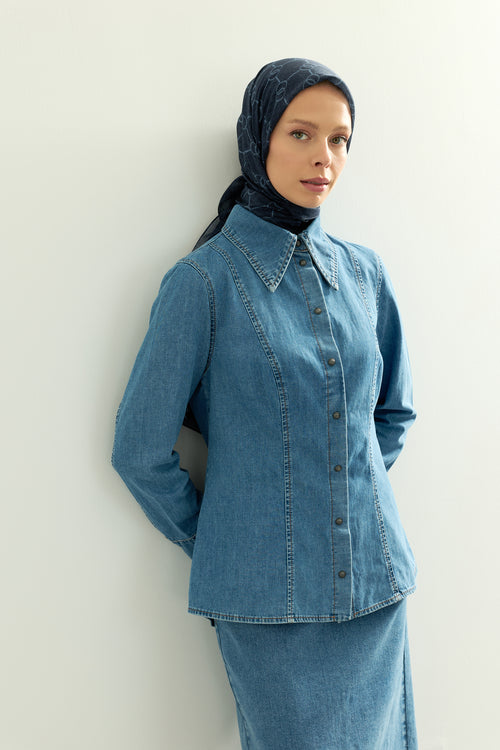 Açık Mavi Düz Renk Sivri Yaka Denim Gömlek