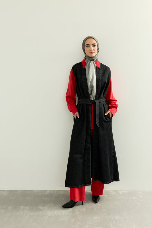 Dağ Ve Sakura Koyu Gri Desenli Baskı Sırt Detaylı Denim Yelek