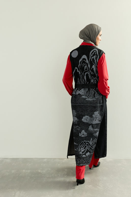 Dağ Ve Sakura Koyu Gri Sırt Detaylı Denim Yelek