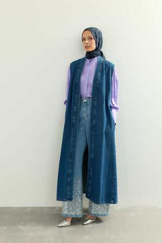 Dağ Ve Sakura Koyu Mavi Sırt Detaylı Denim Yelek