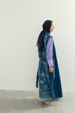 Dağ Ve Sakura Koyu Mavi Sırt Detaylı Denim Yelek
