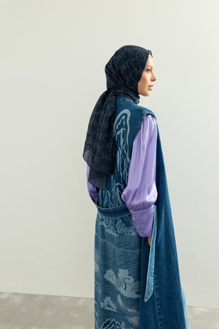 Dağ Ve Sakura Koyu Mavi Sırt Detaylı Denim Yelek