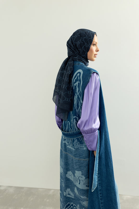 Dağ Ve Sakura Koyu Mavi Sırt Detaylı Denim Yelek