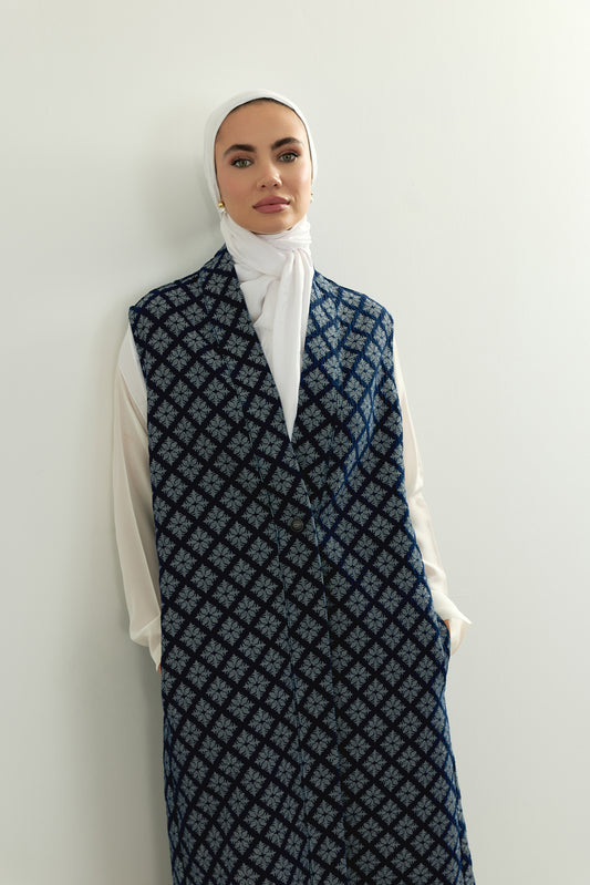 Jakarlı Koyu Lacivert Uzun Denim Yelek