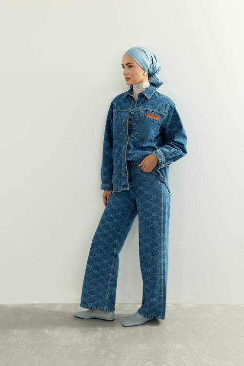 Açık Mavi Monogram Baskı Flared Denim Pantolon