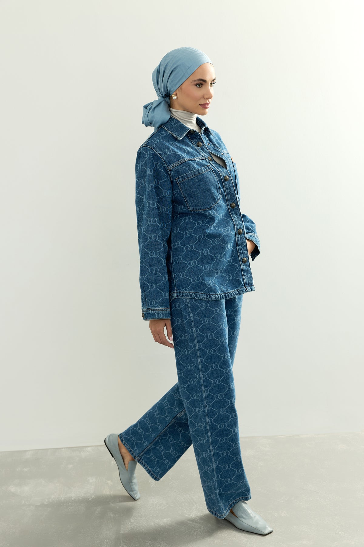 Monogram Açık Mavi Flared Denim Pantolon