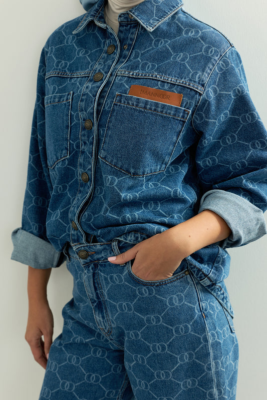 Açık Mavi Monogram Baskı Flared Denim Pantolon