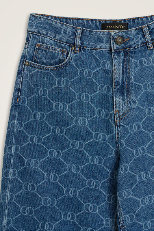 Açık Mavi Monogram Baskı Flared Denim Pantolon