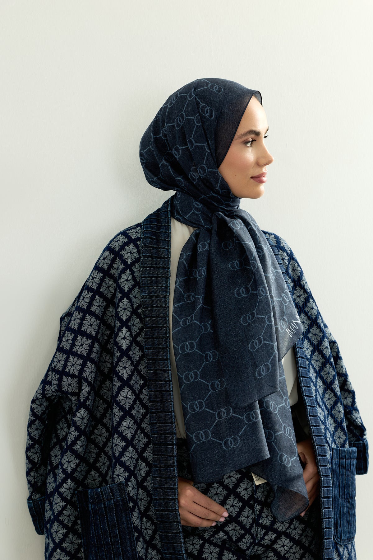 Petek Denim Renk Pamuk İpek Vual Şal 64x195