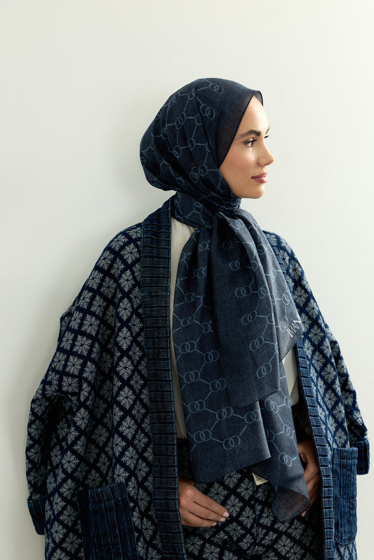 Petek Denim Renk Pamuk İpek Vual Şal 64x195