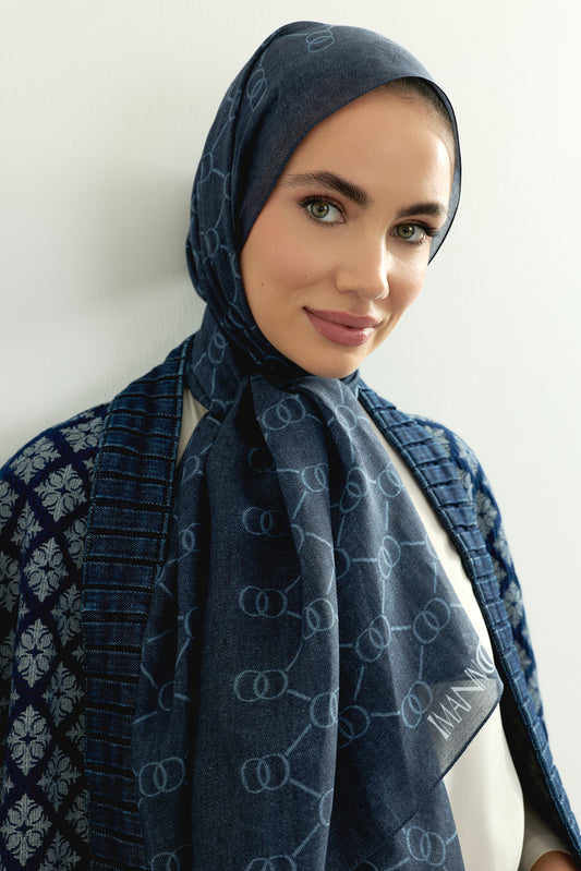 Petek Denim Renk Pamuk İpek Vual Şal 64x195