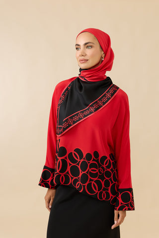 Köpük Noor Siyah-Kırmızı Krep İpek Kısa Kollu Bluz