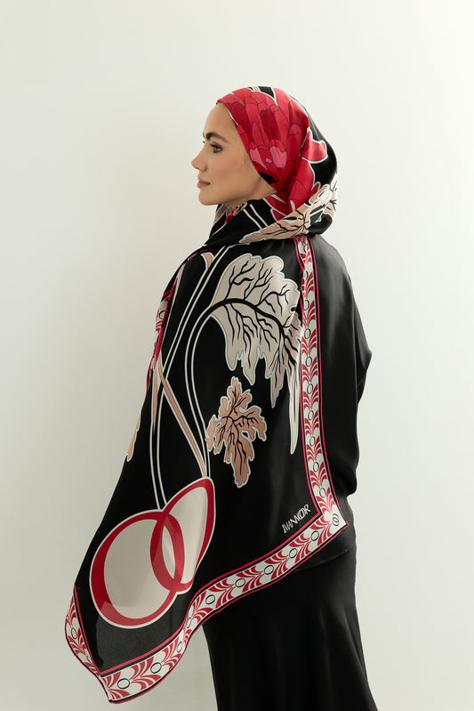 Krizantem Siyah-Kırmızı Krep İpek Şal 70x210