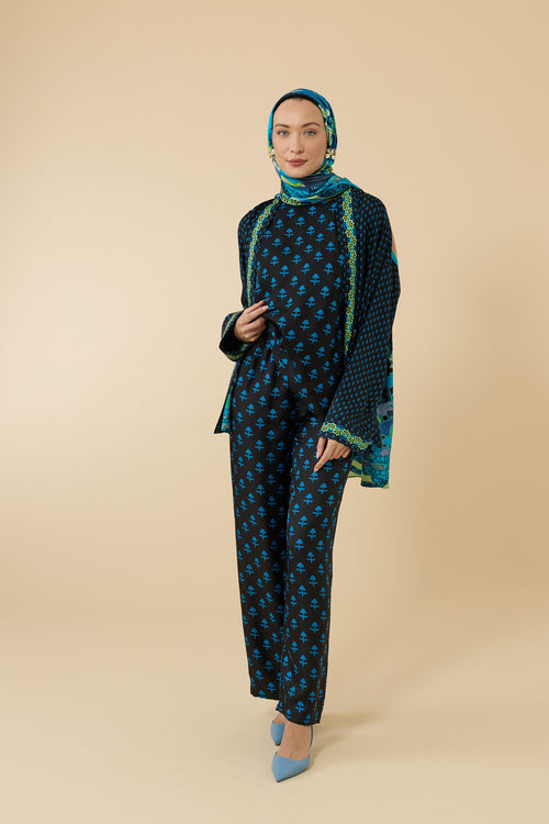 Nilüfer Siyah-Turkuaz Krep İpek Pantolon