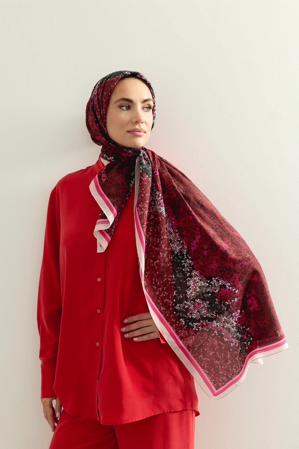 Fuji Dağı Bordo Pamuk Floş Şal 70x210