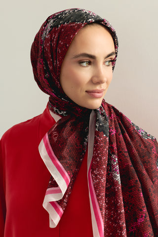 Fuji Dağı Bordo Pamuk Floş Şal 70x210