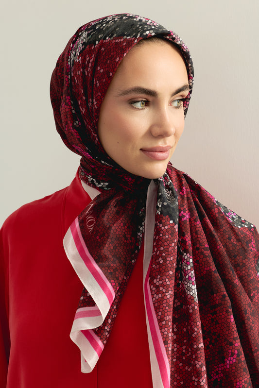 Fuji Dağı Bordo Pamuk Floş Şal 70x210