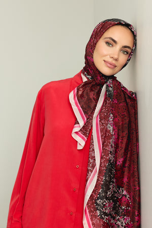 Fuji Dağı Bordo Desenli Baskı Pamuk Floş Şal 70x210