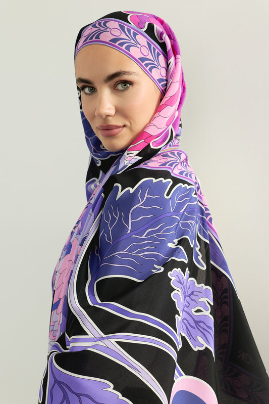 Krizantem Siyah-Mor Krep İpek Şal 70x210