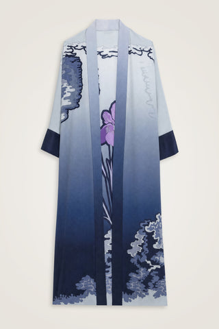 Süsen Gri-Lacivert Krep İpek Uzun Kimono