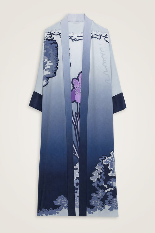 Süsen Gri-Lacivert Krep İpek Uzun Kimono