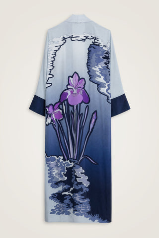 Süsen Gri-Lacivert Krep İpek Uzun Kimono