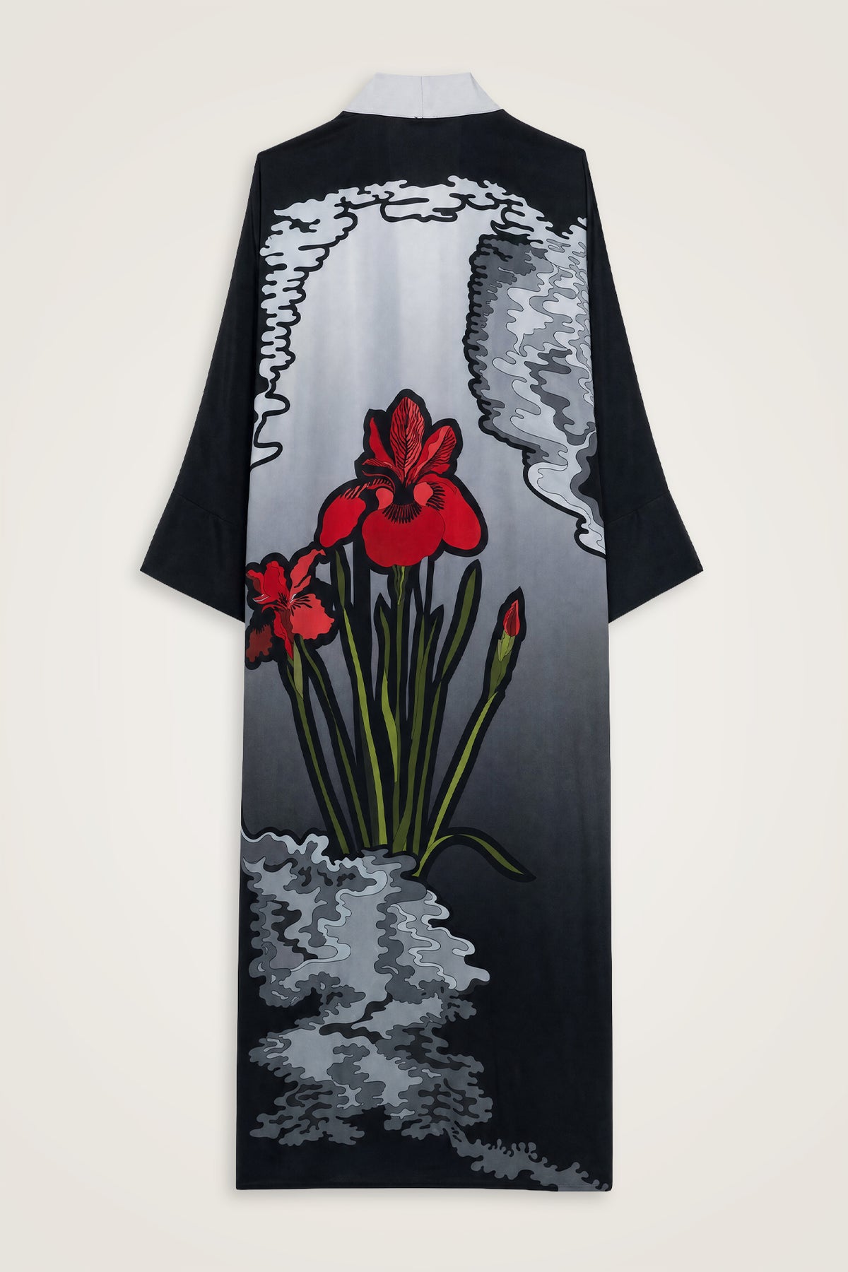 Süsen Siyah-Kırmızı Krep İpek Uzun Kimono