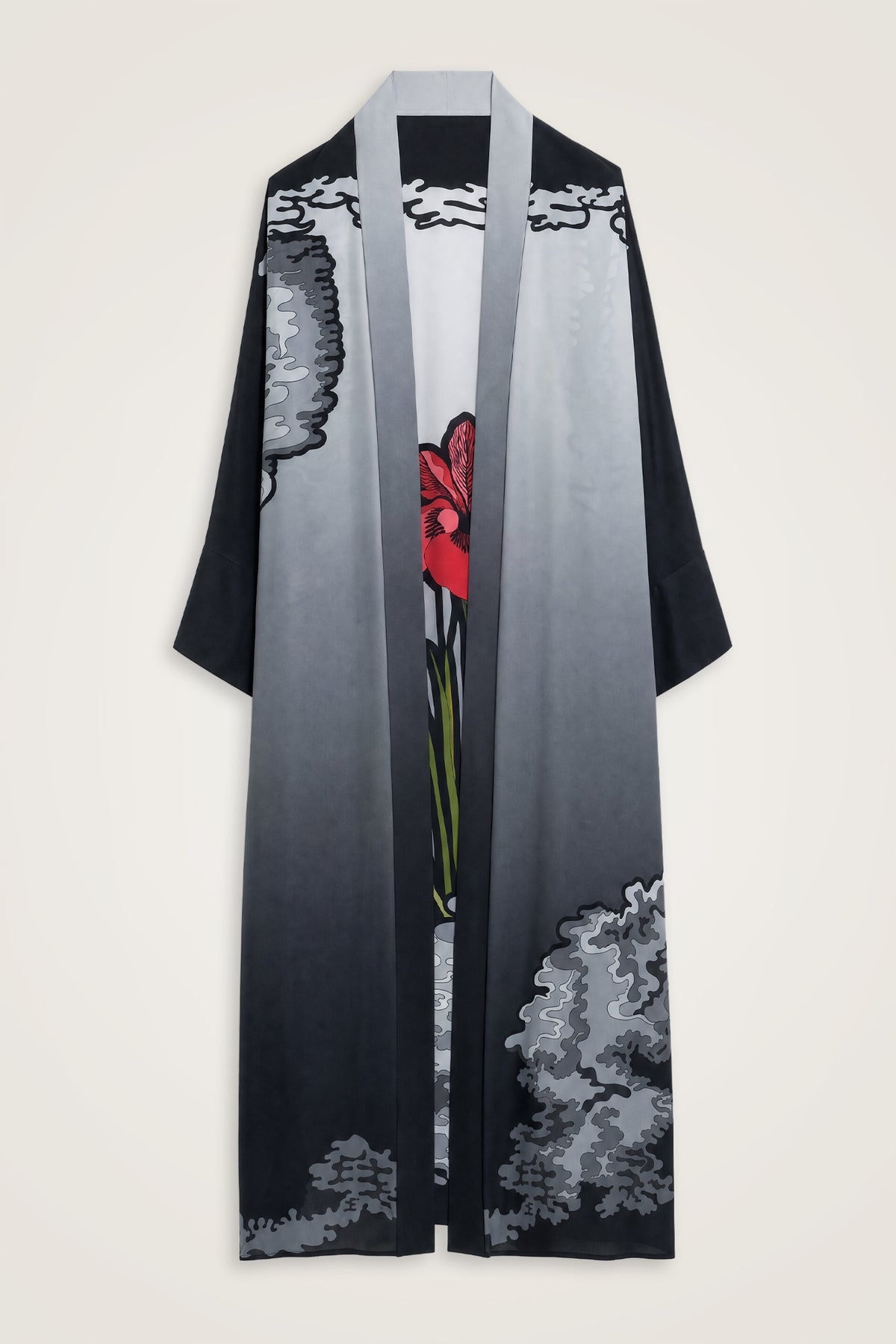 Süsen Siyah-Kırmızı Krep İpek Uzun Kimono