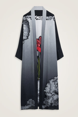 Süsen Siyah-Kırmızı Krep İpek Uzun Kimono