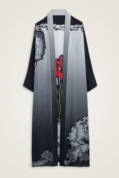 Süsen Siyah-Kırmızı Krep İpek Uzun Kimono