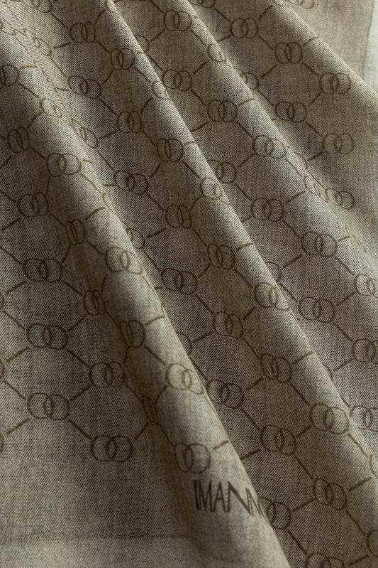 Petek Bej Monogram Baskı Pamuk İpek Vual Şal 64x195