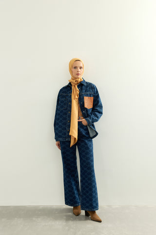 Monogram Baskı Lacivert Denim Gömlek