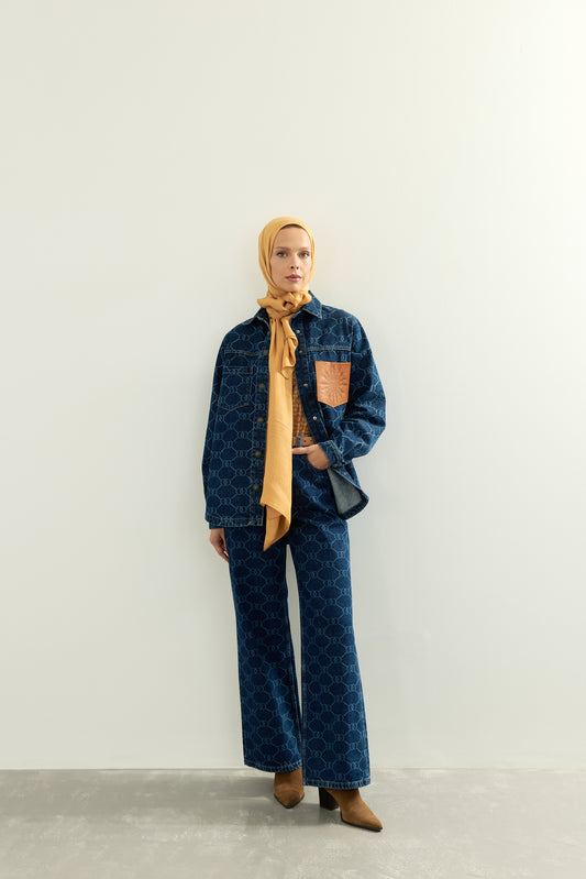 Monogram Baskı Lacivert Denim Gömlek
