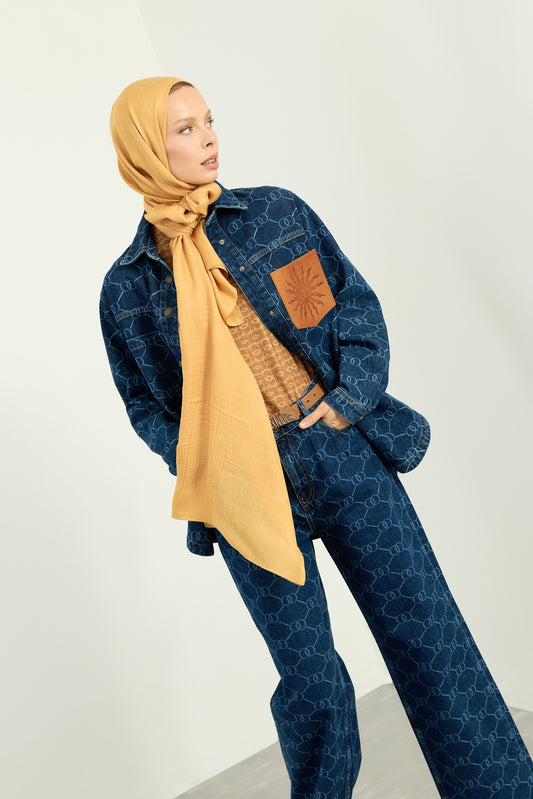 Monogram Baskı Lacivert Denim Gömlek
