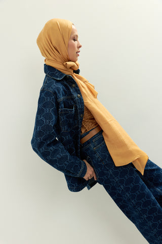 Monogram Baskı Lacivert Denim Gömlek