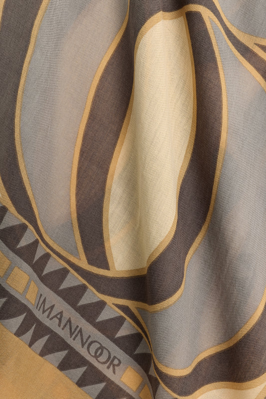Dev Bambunoor Bej-Gri Monogram Baskı Yün Şal 70x210
