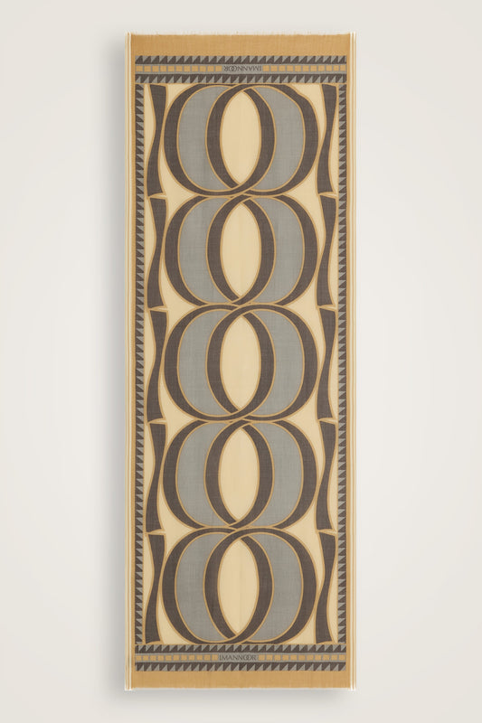 Dev Bambunoor Bej-Gri Monogram Baskı Yün Şal 70x210