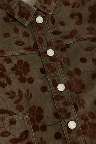 Çiçek Floklu Kahverengi Desenli Baskı Denim Ceket