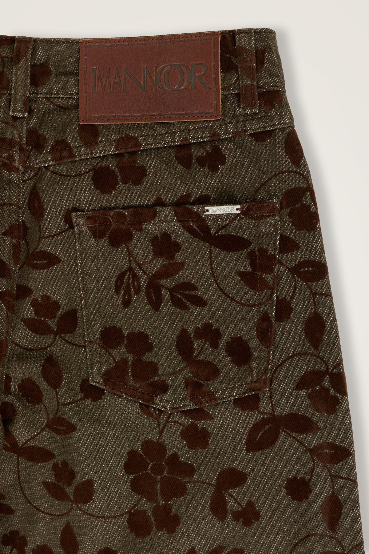 Çiçek Floklu Kahverengi Desenli Baskı Denim Pantolon