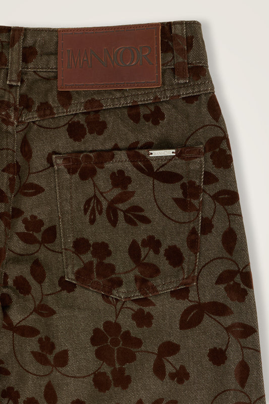 Çiçek Floklu Kahverengi Desenli Baskı Denim Pantolon